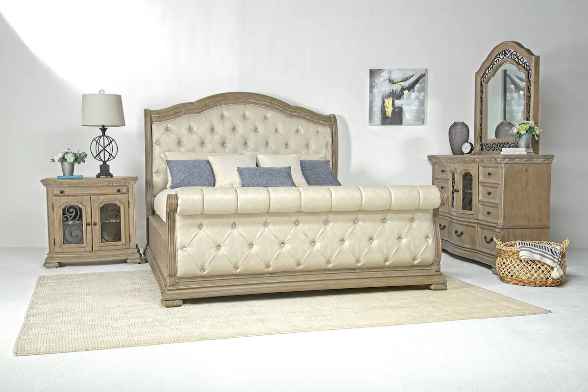 Durango Upholstered Sleigh Bed & Dresser & Mirror - Image 3