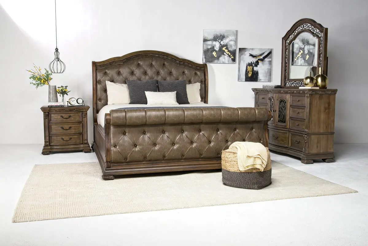 Durango Upholstered Sleigh Bed & Dresser & Mirror - Image 4