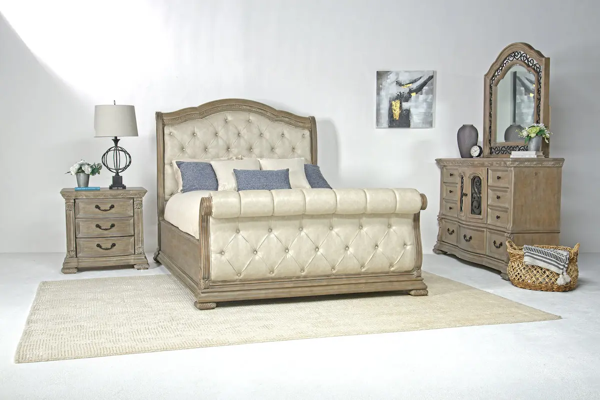 Durango Upholstered Sleigh Bed & Dresser & Mirror - Image 5