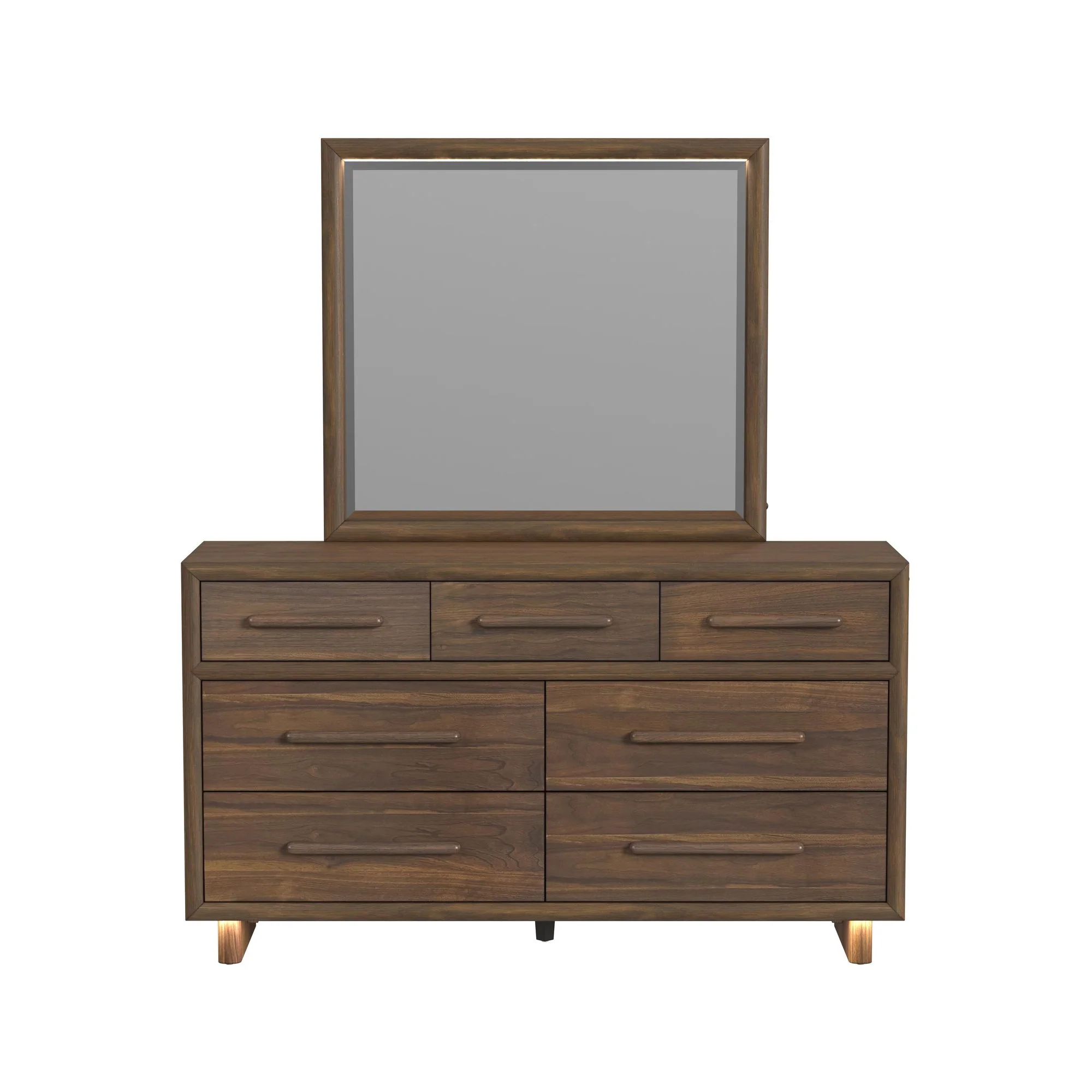 Elm Upholstered Bed With Lights, Dresser, Mirror & Nightstand - Image 9