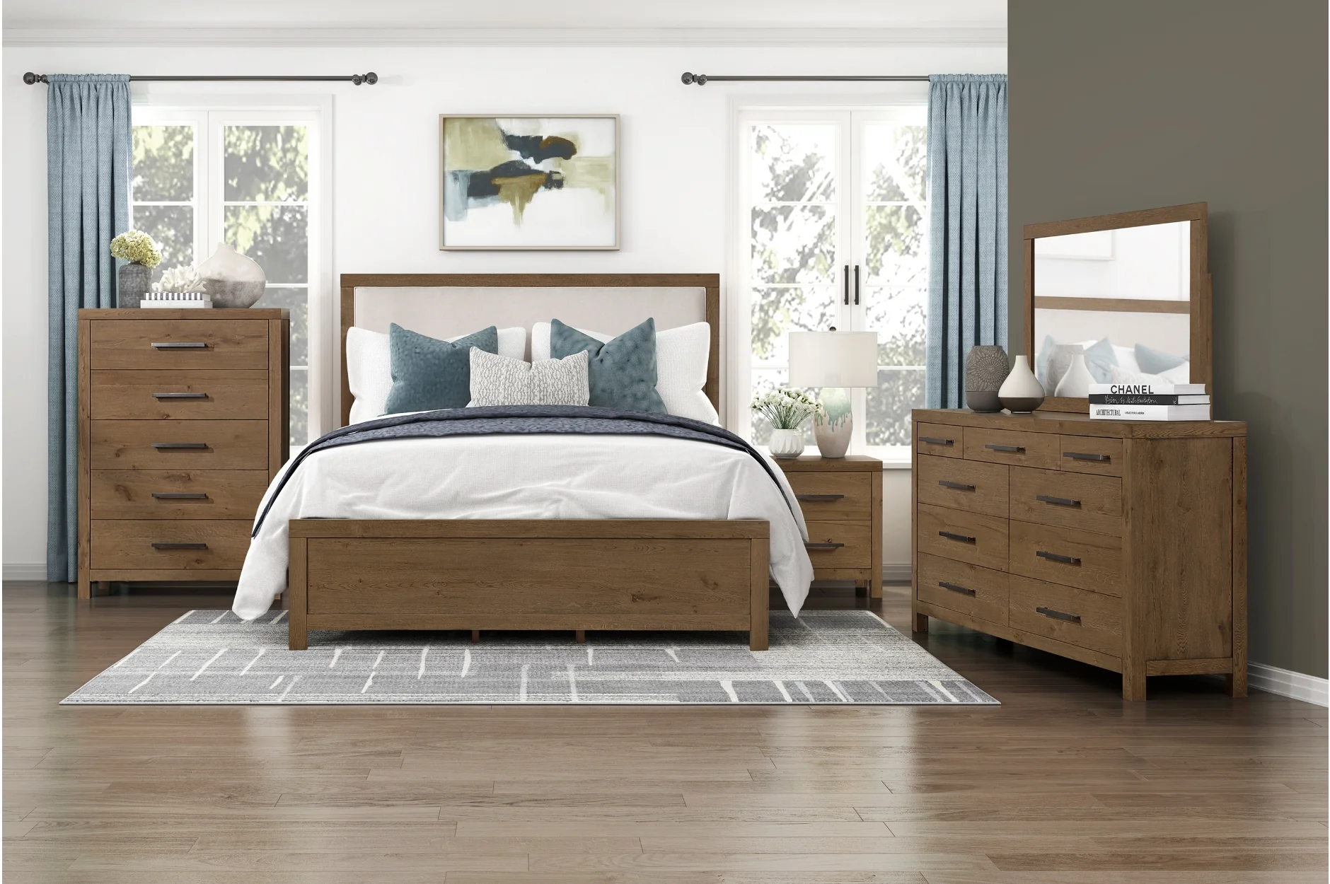 Oaklyn Upholstered Panel Bed & Dresser & Mirror & Nightstand