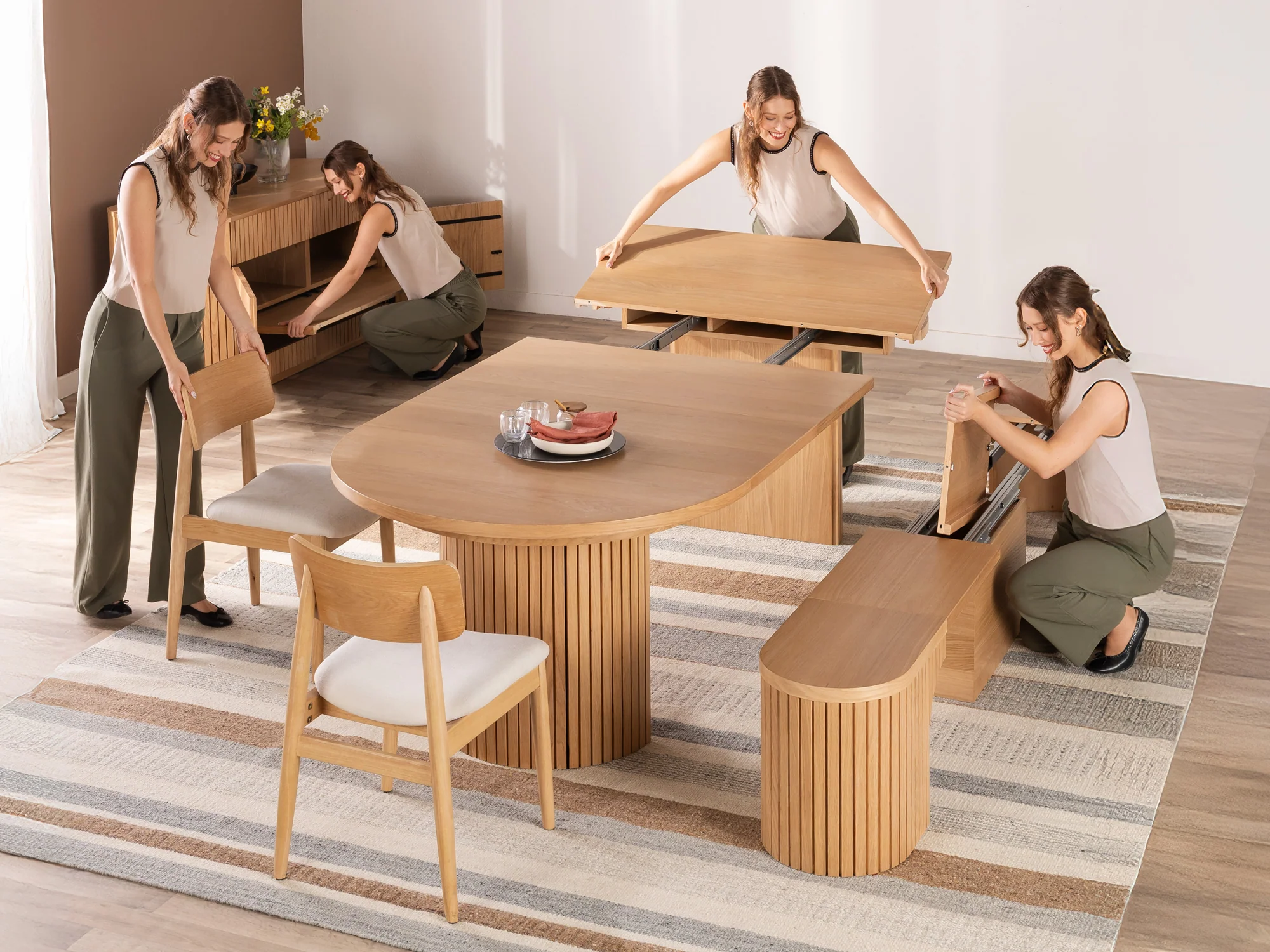 Transformer Round Dining Table & 4 Chairs & Bench