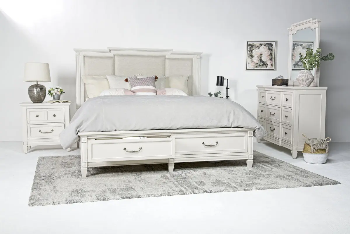 Willowbrook Upholstered Panel Bed & Dresser & Mirror - Image 4